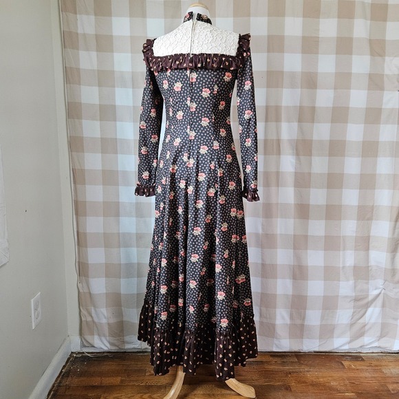 Vtg 60s 70s Hippie Brown Floral Prairie Maxi Dress Lace Ruffles Romantic Boho S - Picture 5 of 8